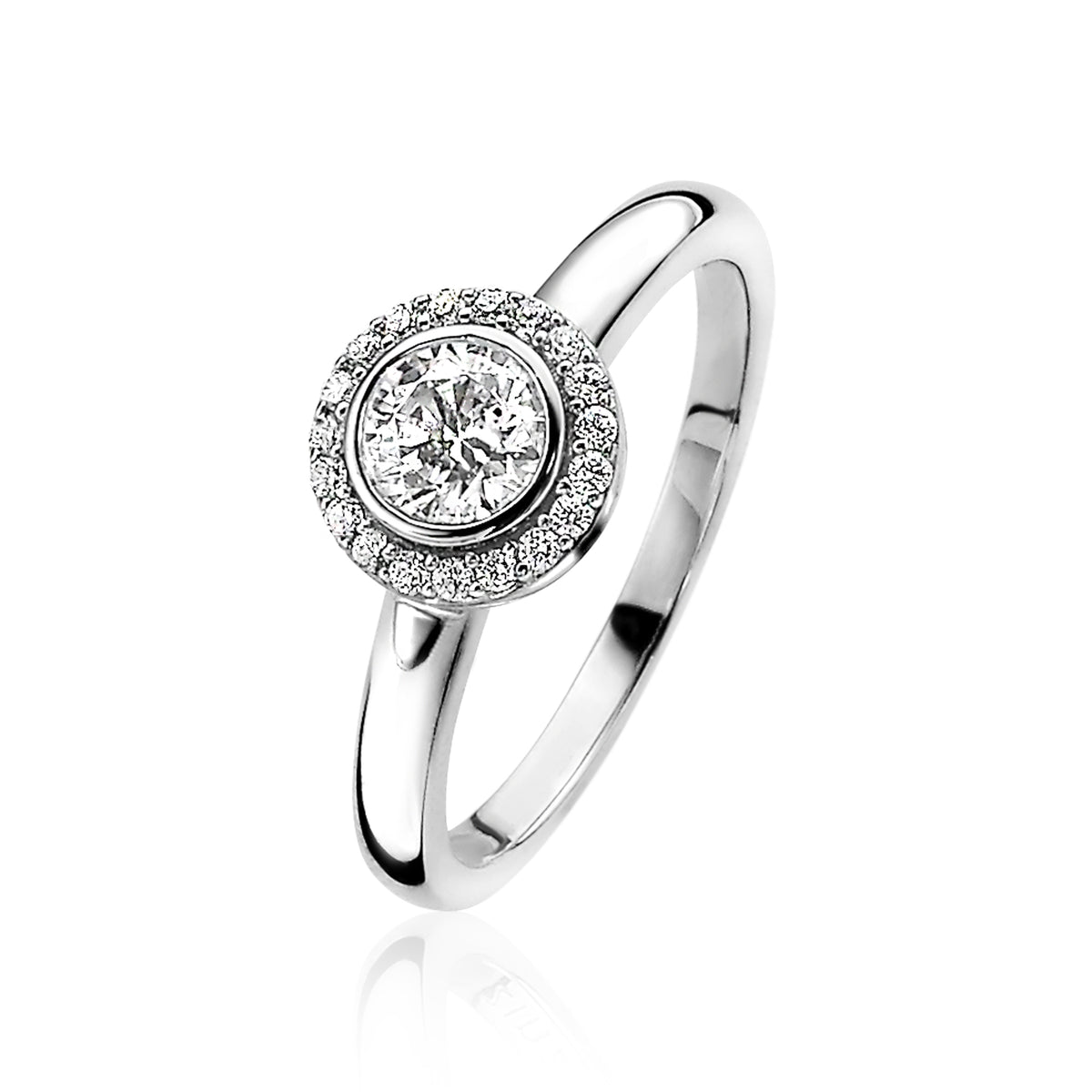 Ring aus Silber mit rundem Zifferblatt und funkelndem Edelstein in der Mitte