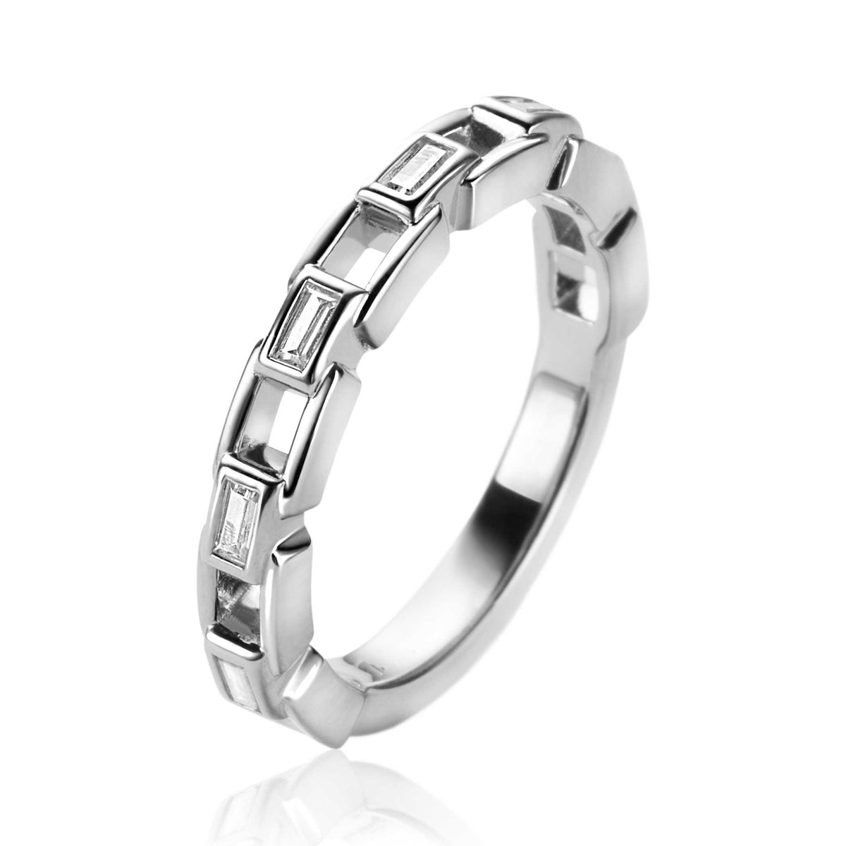 Ring aus Silber mit rechteckigen Zirkonia-Steinen und modernem Design