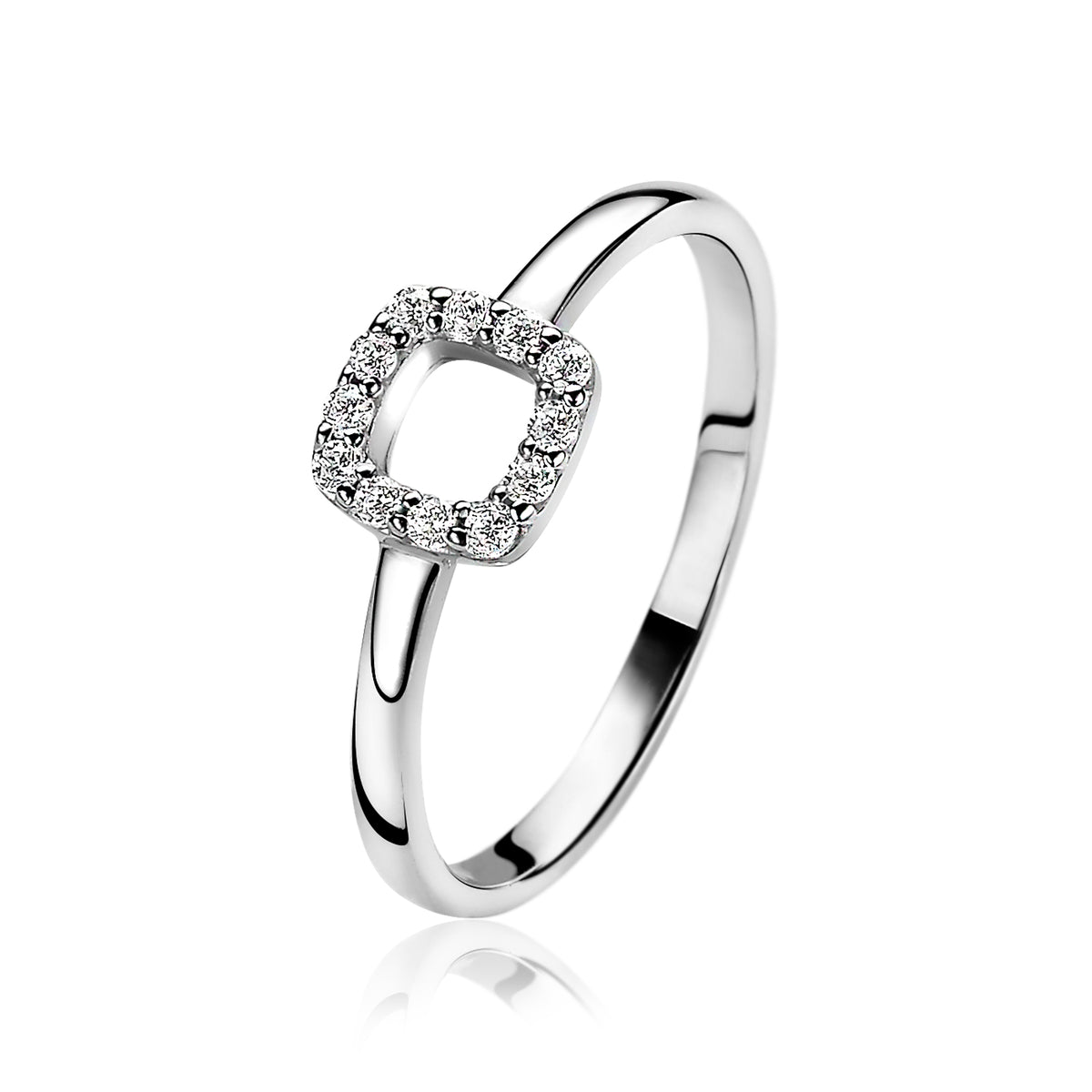 Ring aus Silber mit quadratischem, mit Zirkonia besetztem Element