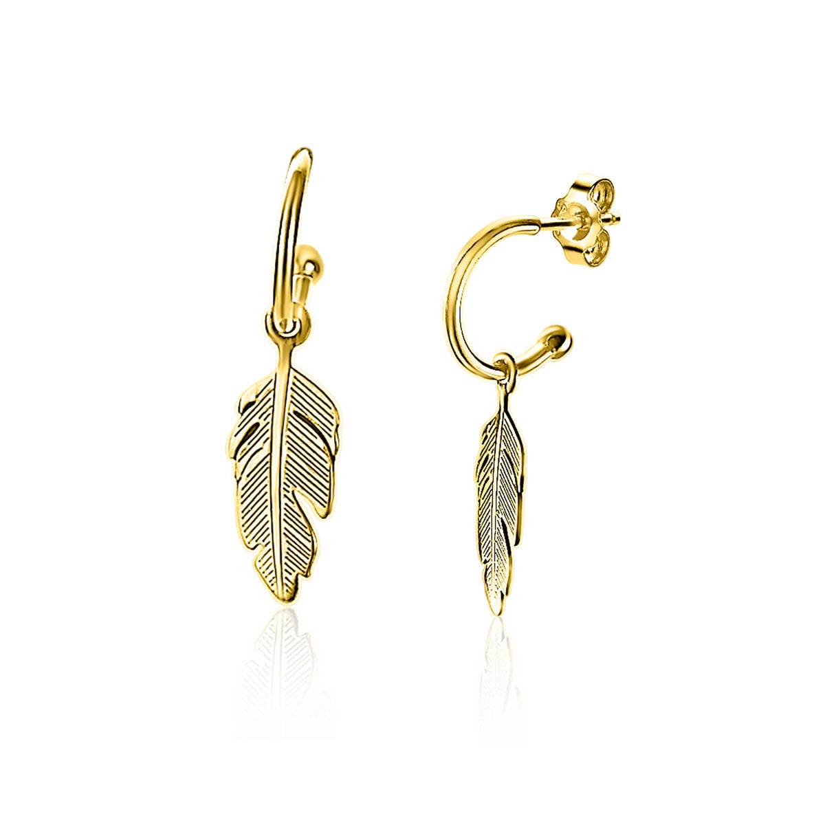 Goldplattierte Ohrringe in Form von Federn mit feinen Details und einem Hakenverschluss