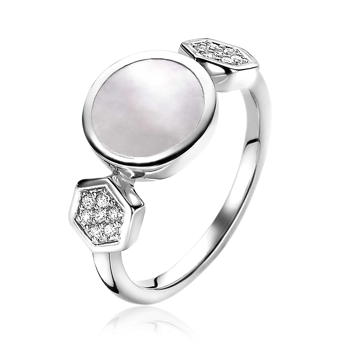 Ring aus Silber mit rundem, weißem Zifferblatt und zwei hexagonalen, mit Steinen besetzten Details