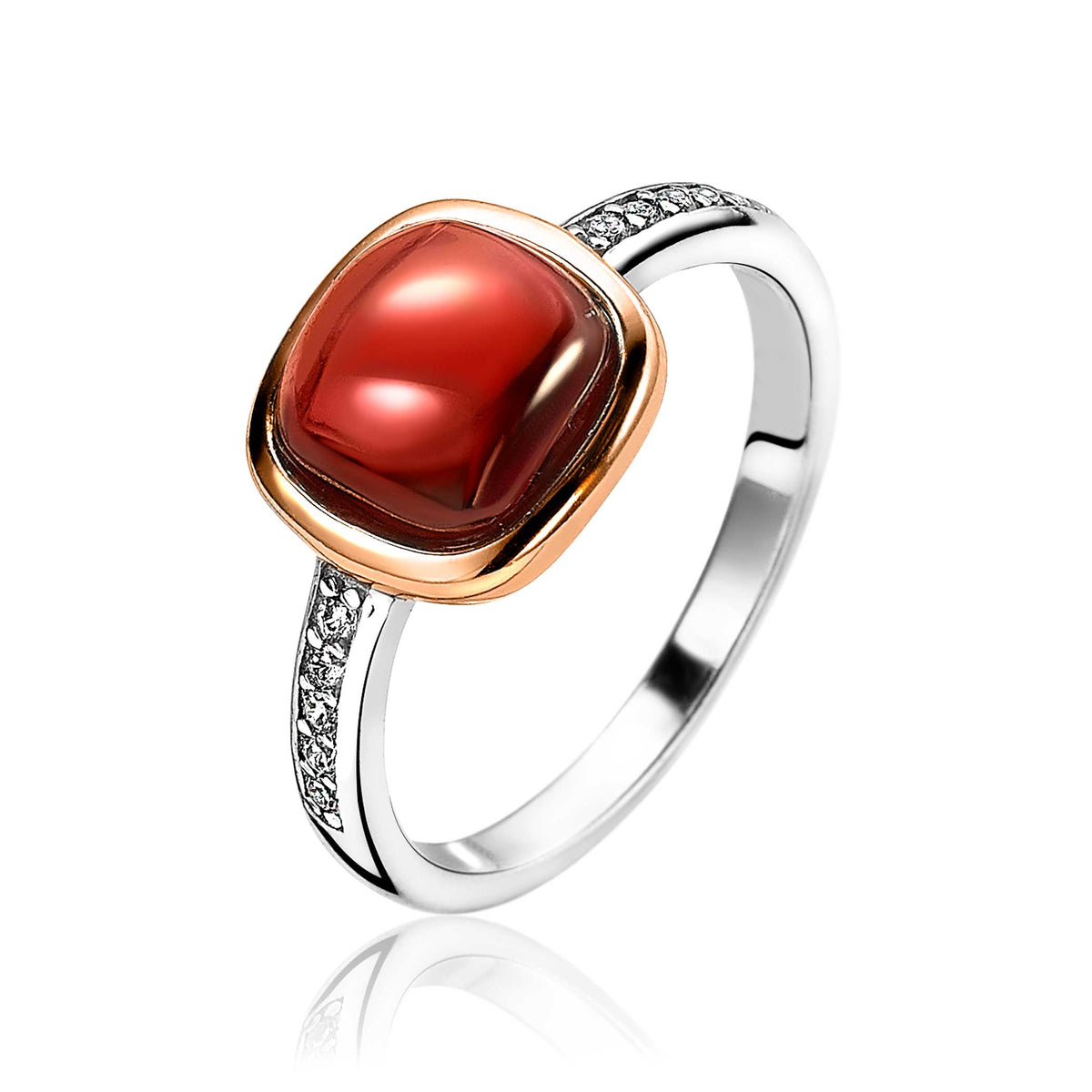 Ring mit rotem Edelstein und kleinen Zirkonia, vergoldet mit silbernem Band