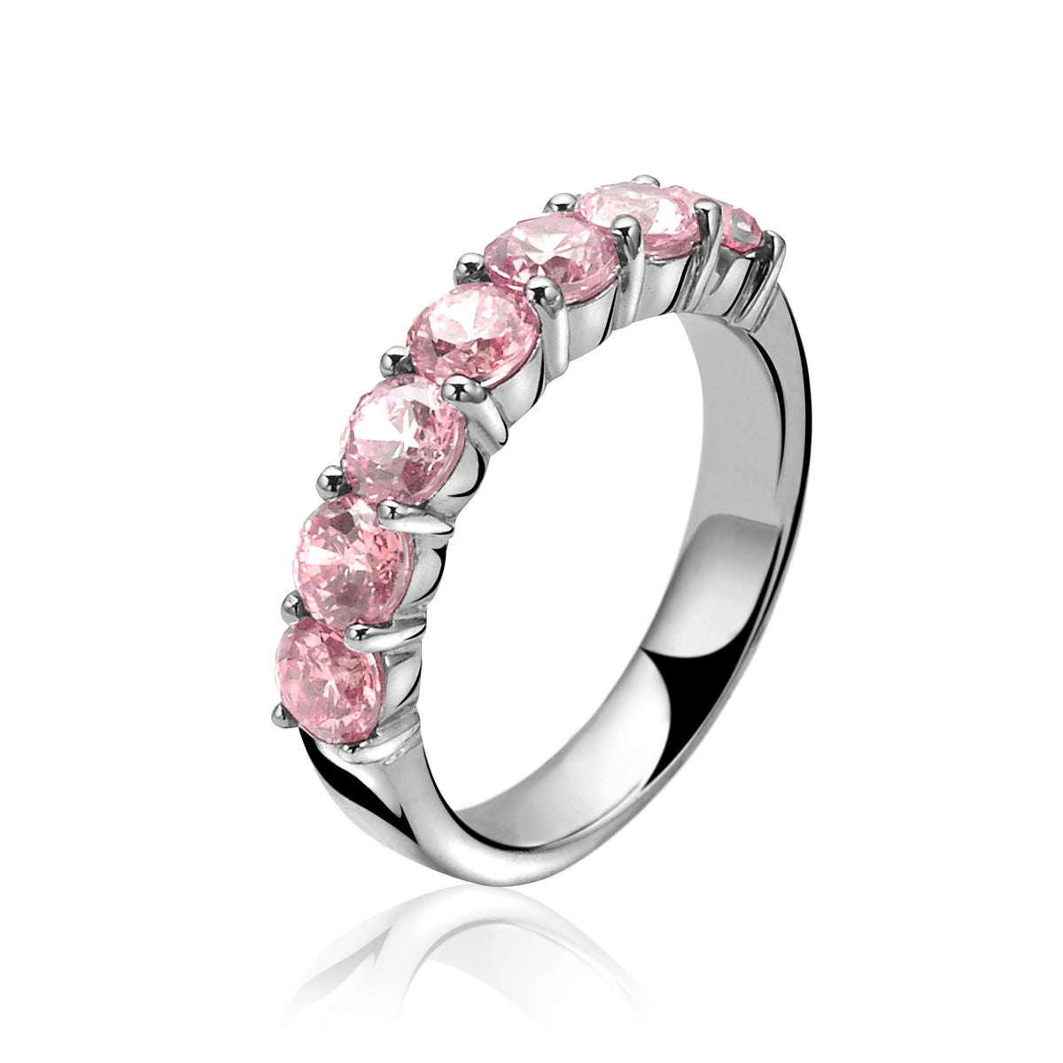 Ring aus Silber mit rosa Zirkonia-Steinen in einer Reihe angeordnet