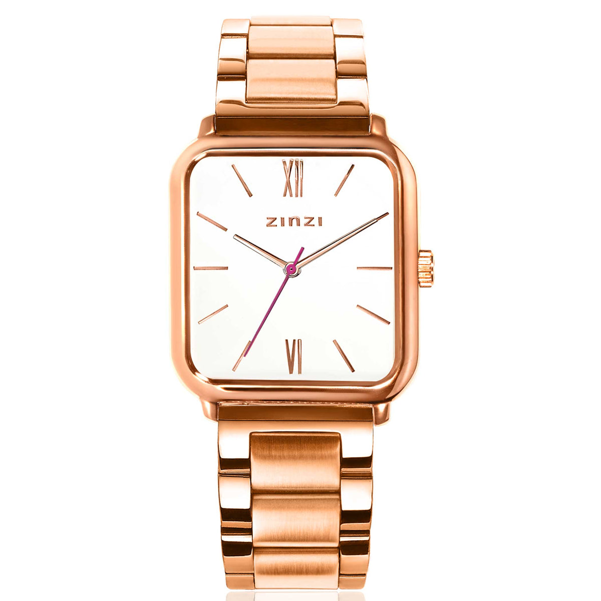Roségoldfarbenes Armband mit quadratischem Gehäuse und weißem Zifferblatt mit römischen Ziffern