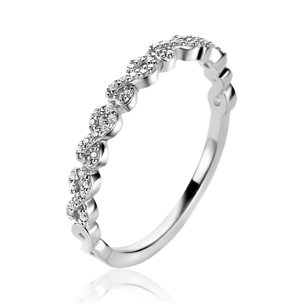 Ring aus Silber mit funkelnden Zirkonia-Steinen in geschwungener Form