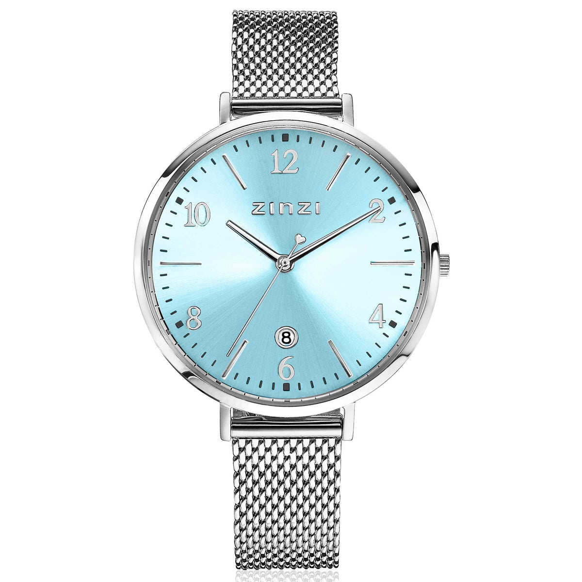 Silberfarbenes Stahl-Horloge mit blauem Zifferblatt und Mesh-Armband