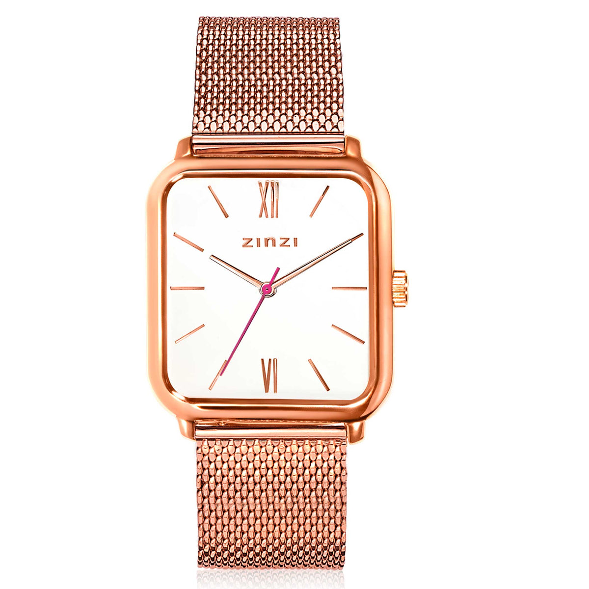 Roségoldfarbenes Armbanduhr mit quadratischem Gehäuse, weißem Zifferblatt und Mesh-Armband
