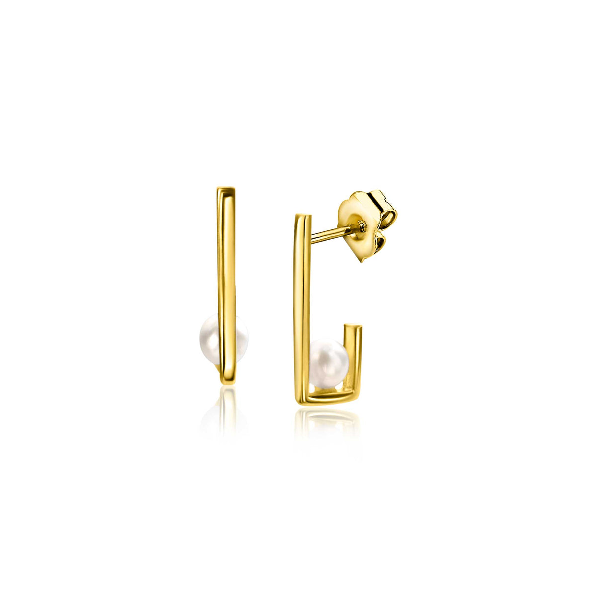 Ohrringe aus Gold mit minimalistischer, offener Form und einer weißen Perle