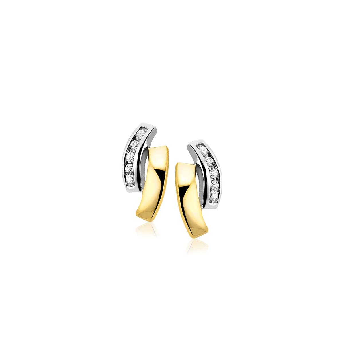 Ohrstecker aus Gold und Silber mit geschwungenem Design und klaren Steinen