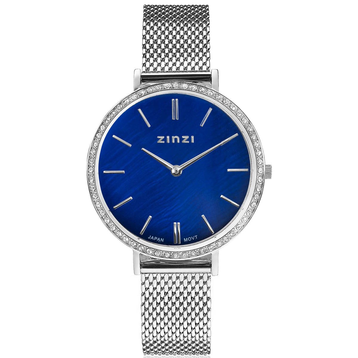 Silberfarbenes Stahlarmband mit blauem Zifferblatt und glitzernder Lünette