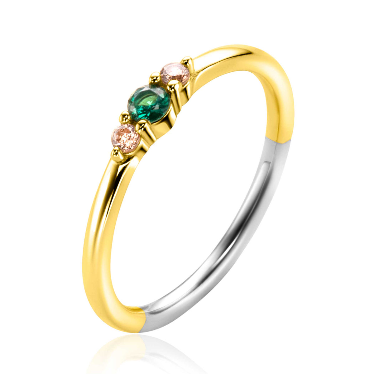 Ring mit goldplattiertem Band, besetzt mit grünem und rosa Edelsteinen