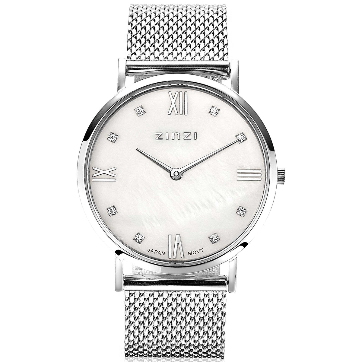 Silbernes Stahl-Horloge mit weißem Zifferblatt und Mesh-Armband, besetzt mit Strasssteinen.