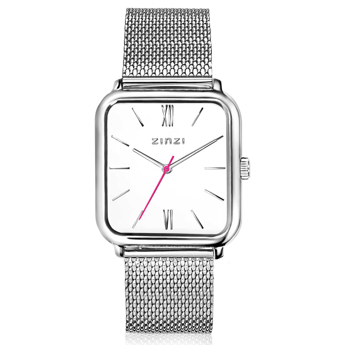 Silbernes Stahl-Armband mit quadratischem Gehäuse und weißem Zifferblatt, römische Ziffern, pinke Zeiger