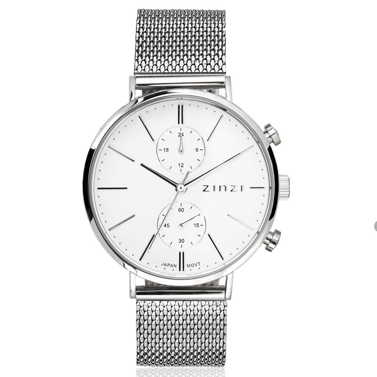 Silbernes Stahl-Horloge mit weißem Zifferblatt und Mesh-Armband, drei kleine Ziffernblätter