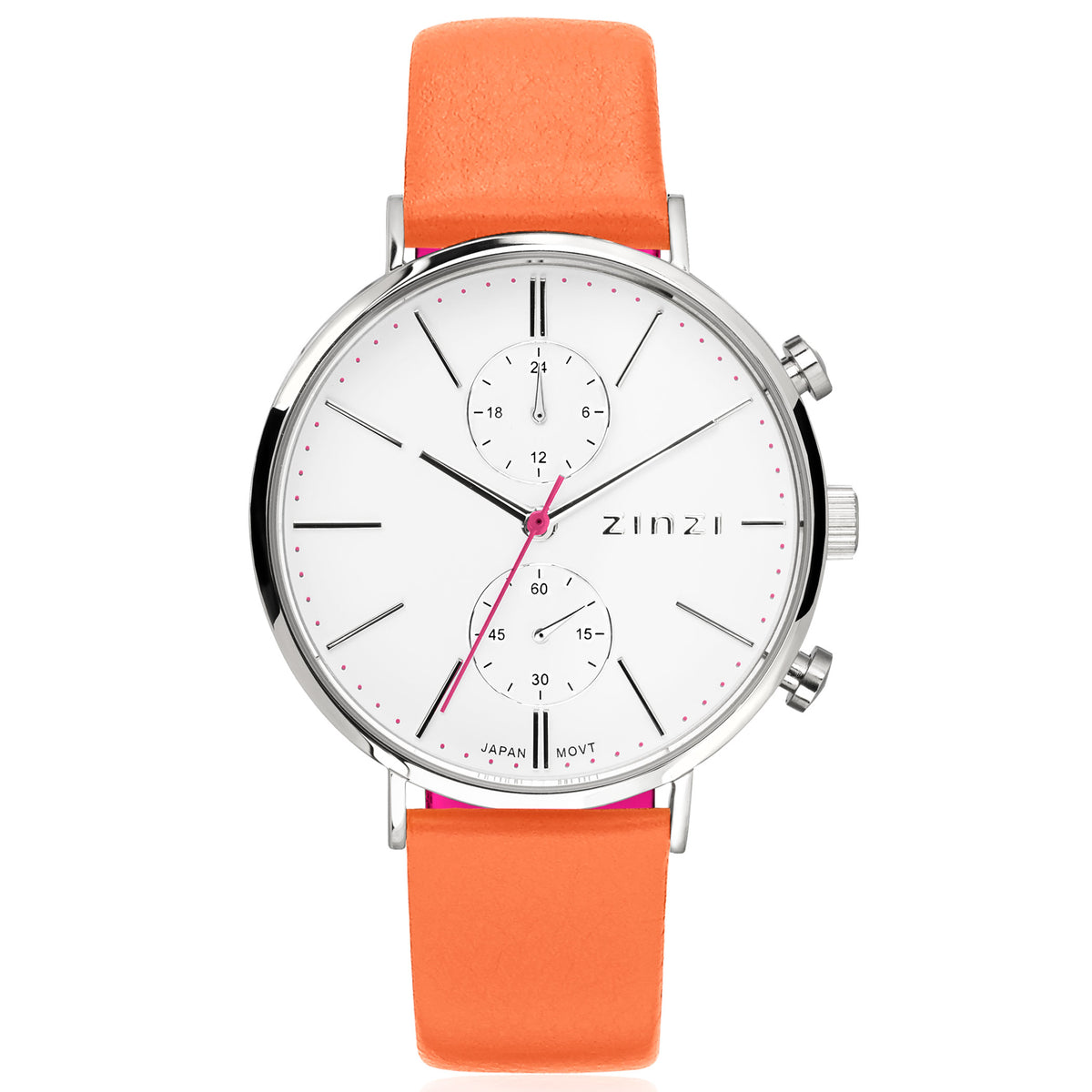 Silberfarbenes Stahlgehäuse mit weißem Zifferblatt und orangefarbenem Lederarmband