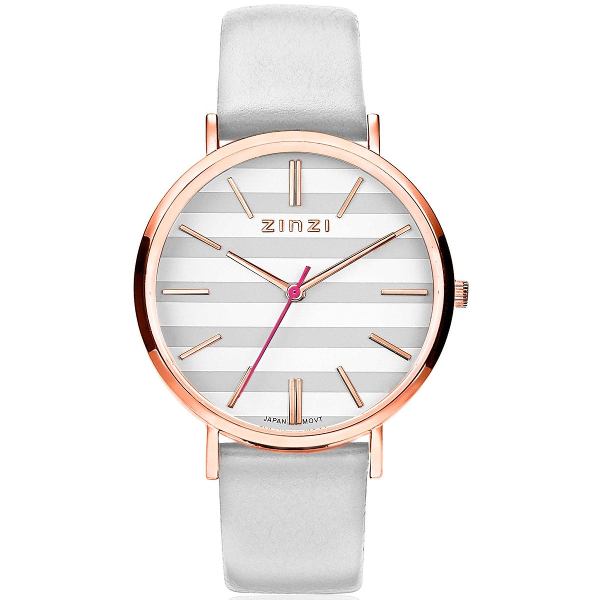 Roségoldfarbenes Armbanduhrengehäuse mit silbernem Zifferblatt und pinkem Sekundenzeiger