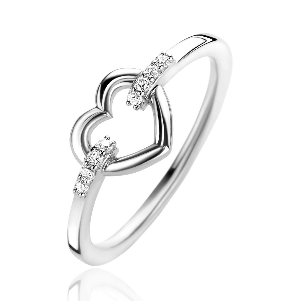Ring aus Silber mit herzförmigem Design und drei kleinen Zirkonia-Steinen