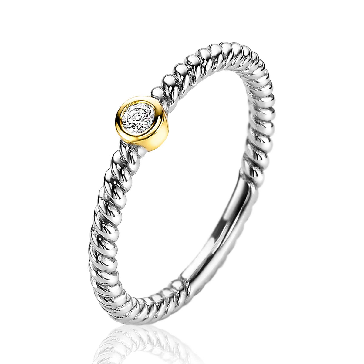 Ring mit silbernem Band und goldener Zier mit einem klaren Edelstein