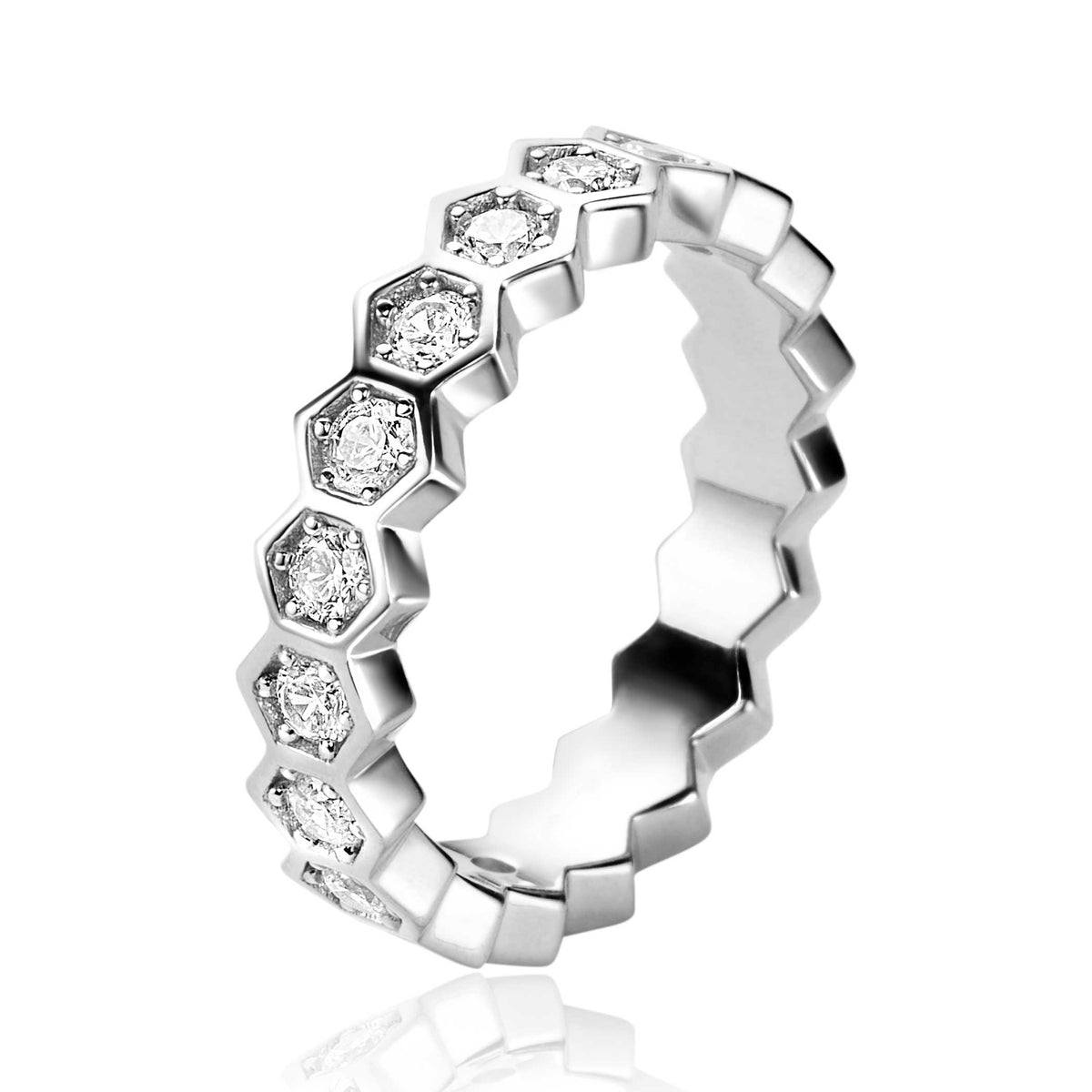 Ring aus Silber mit hexagonalem Design und funkelnden Zirkonia-Steinen