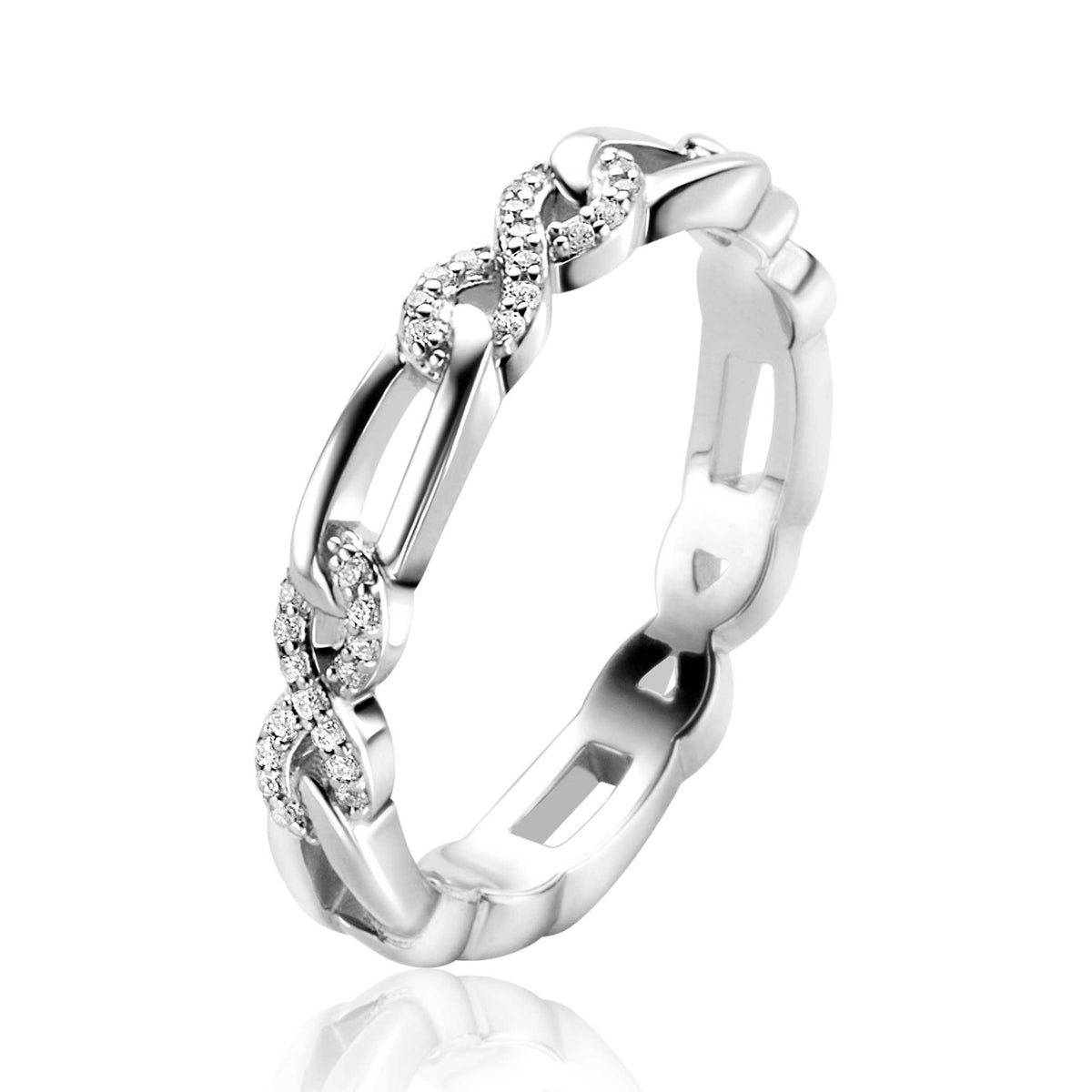 Ring aus Silber mit Zirkonia-Steinen und geschwungenem Design