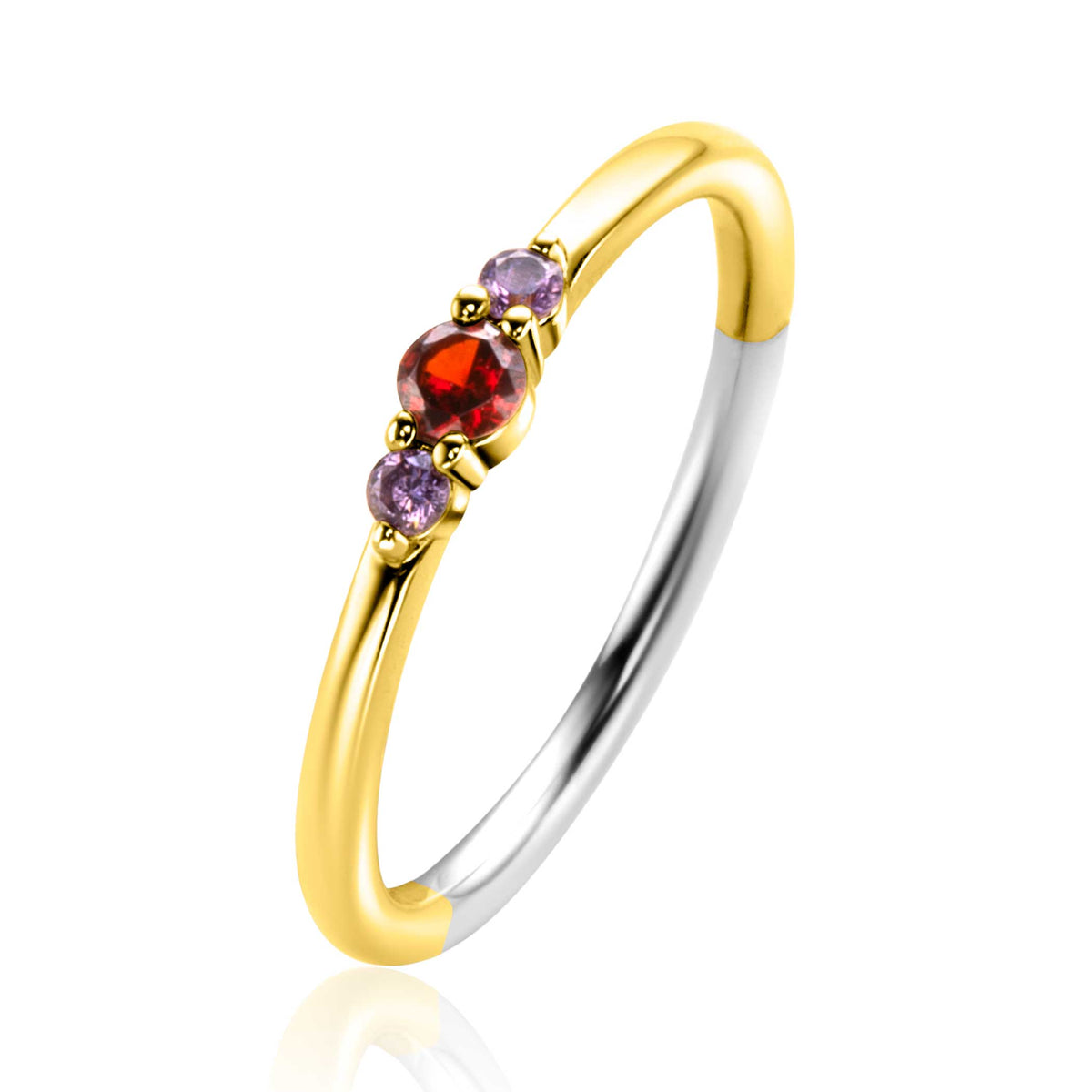 Ring mit goldplattiertem Band, rotem Edelstein und zwei lila Steinen