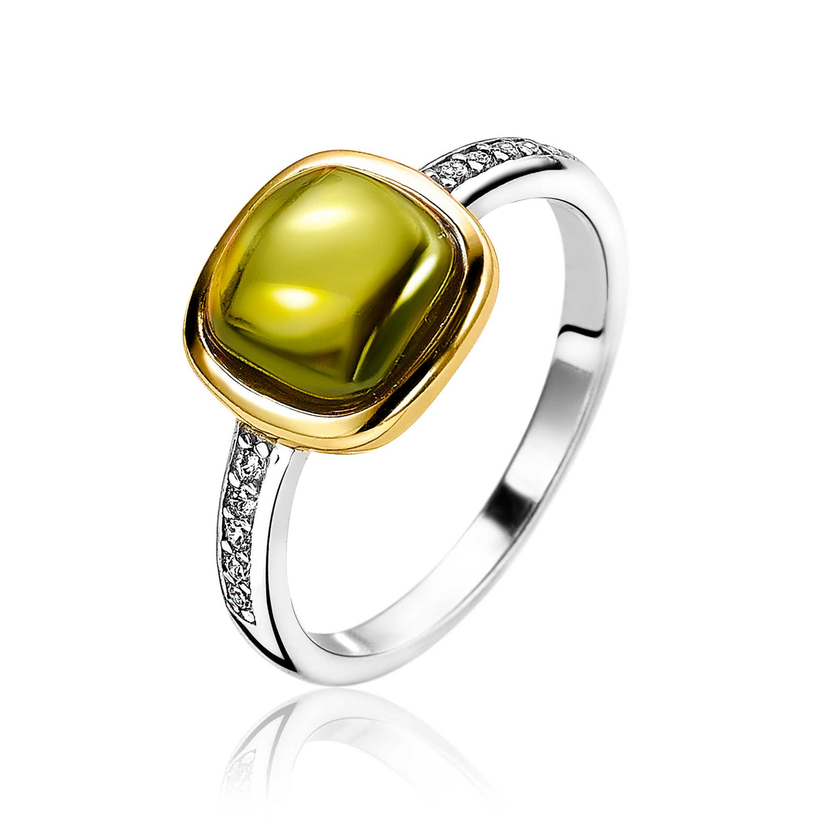 Ring mit goldplattiertem Rahmen, grünem Edelstein und Zirkonia-Steinen an der Seite