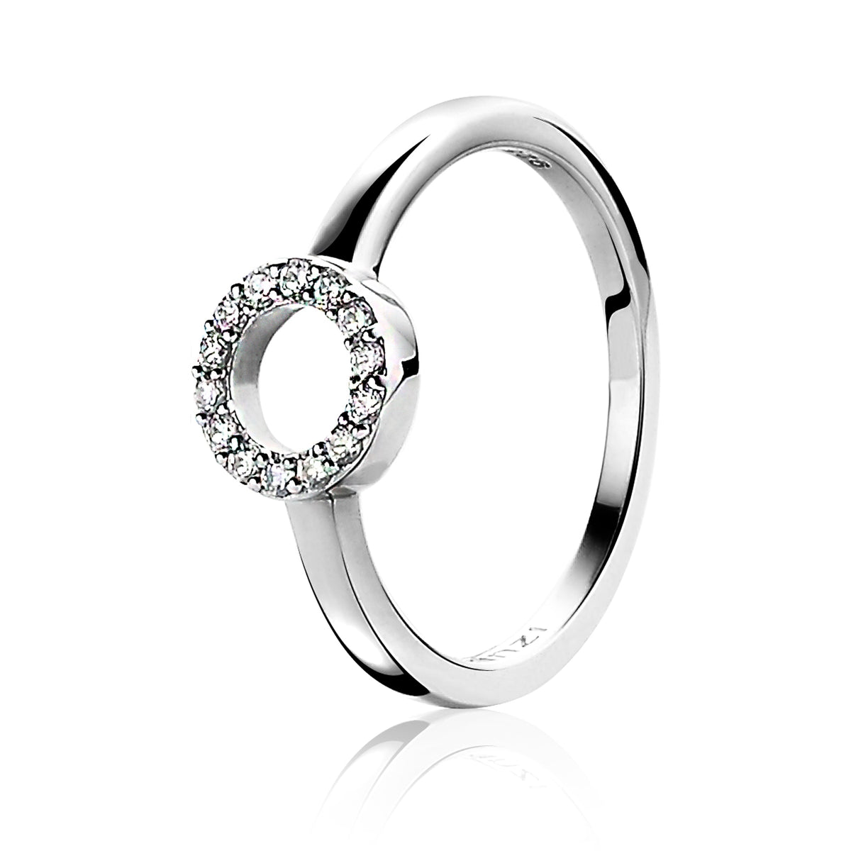 Ring aus Silber mit rundem Element, besetzt mit klaren Zirkonia-Steinen