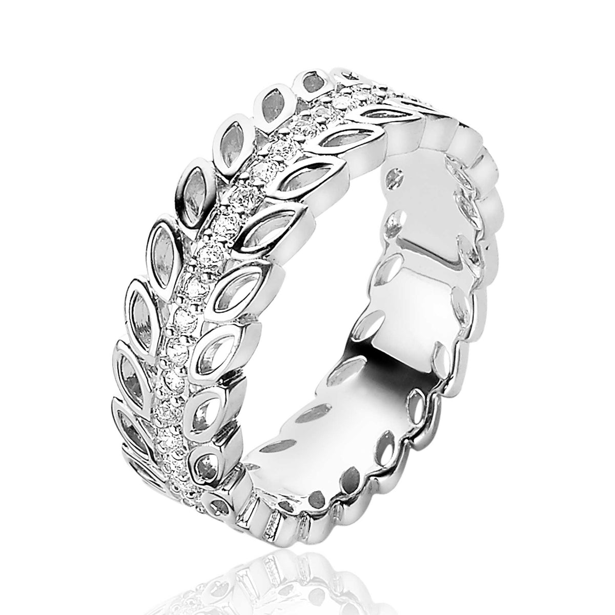 Ring aus Silber mit blattförmigem Design und klaren Zirkonia-Steinen