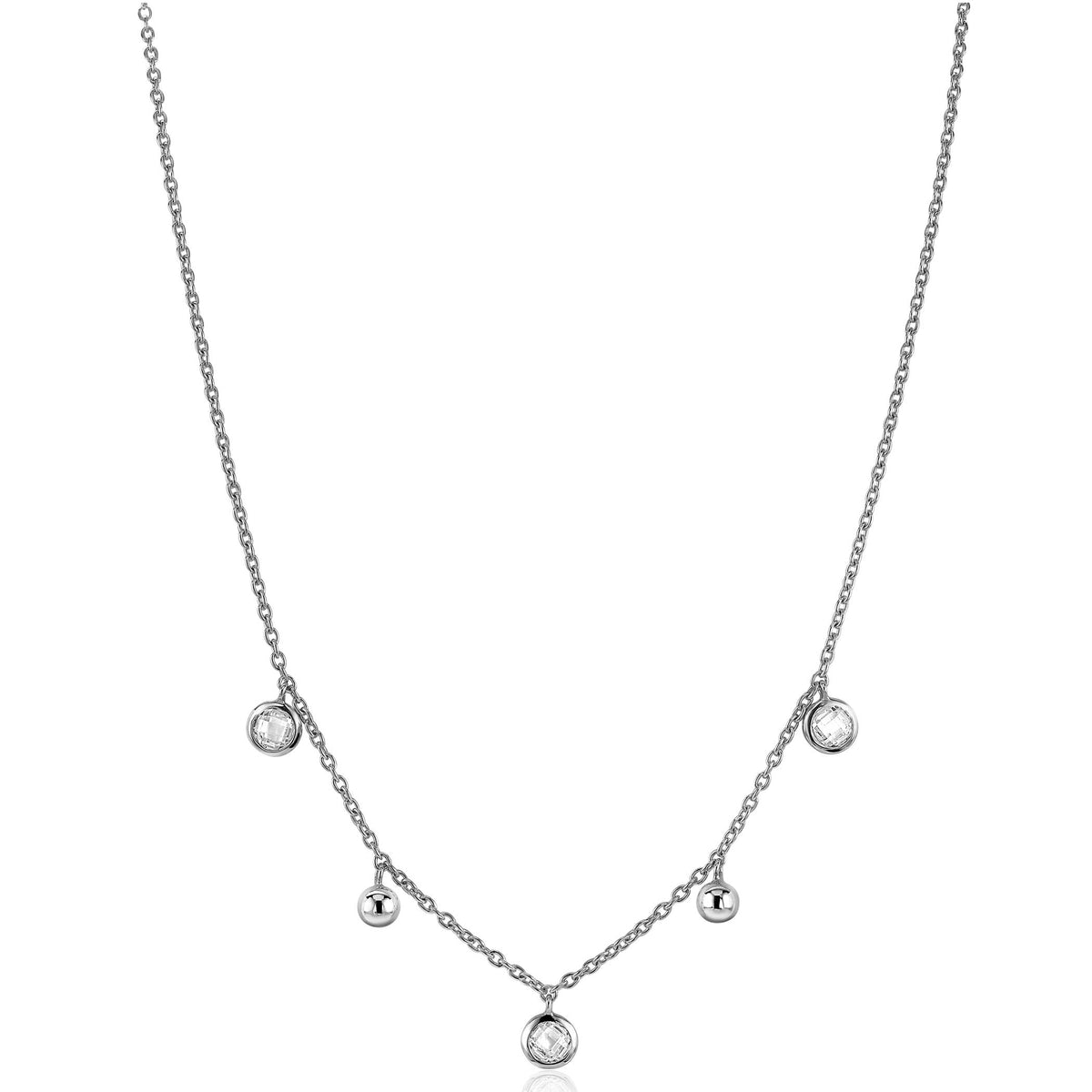 Kette aus Silber mit fünf hängenden, runden Anhängern und klaren Edelsteinen