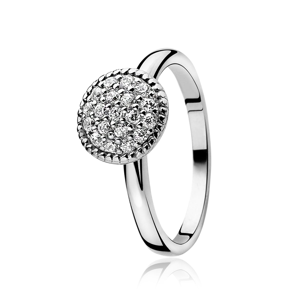 Ring aus Silber mit runder, mit Zirkonia besetzter Fläche