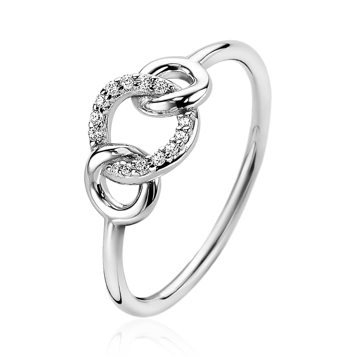 Ring aus Silber mit zwei ineinander verschlungenen Elementen und Zirkonia-Steinen