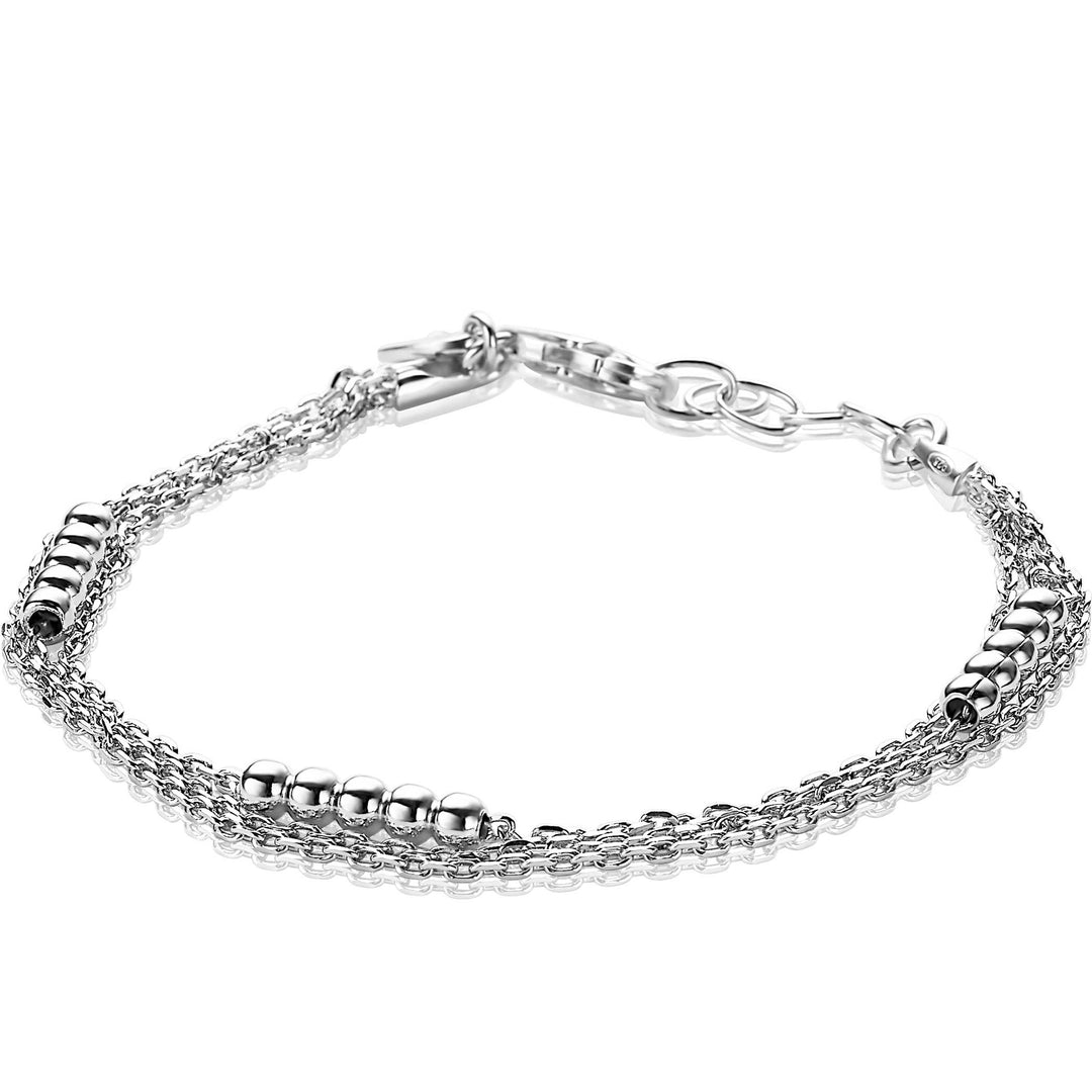De Zinzi Armband Zilver Zia1799 is een zilveren armband met meerdere strengen, een karabijnsluiting en kleine gladde kraaltjes, wat zorgt voor een elegant, veelzijdig design.