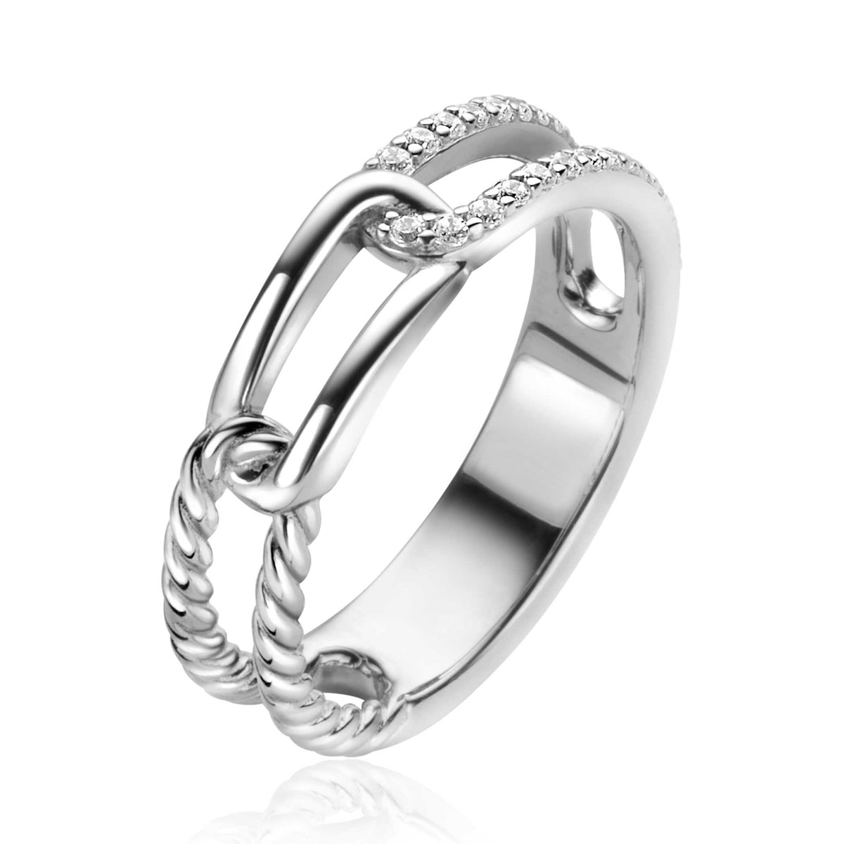 Ring aus Silber mit Zirkonia, in Kettenform mit gedrehtem Design und glänzender Oberfläche
