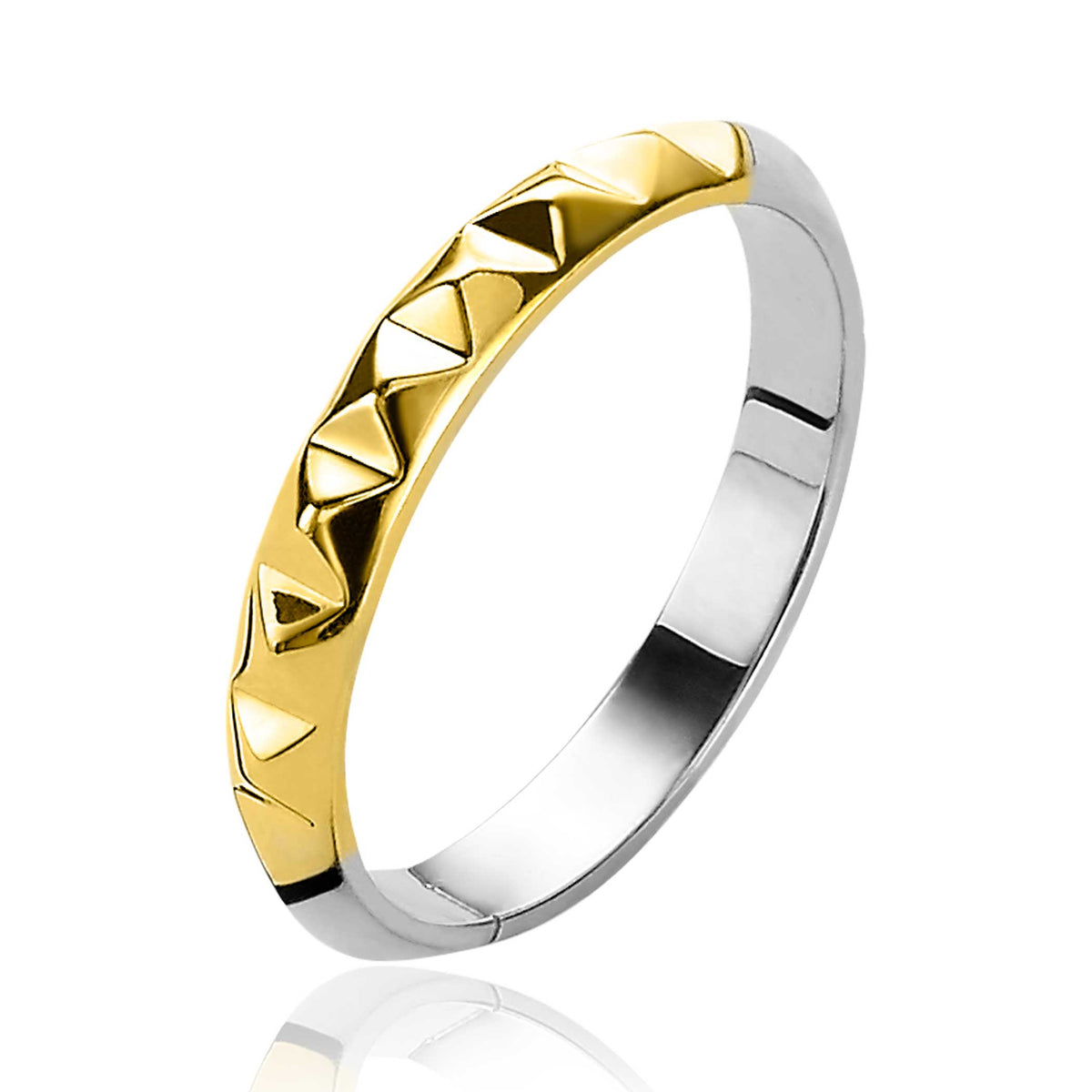 Ring mit goldfarbener und silberfarbener Oberfläche, mit dreieckigen Details entlang der Fassung