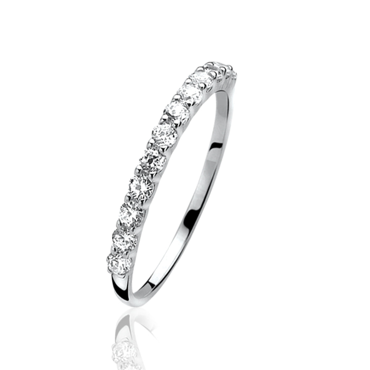 Ring aus Silber mit klaren Zirkonia-Steinen in einer geschwungenen Anordnung