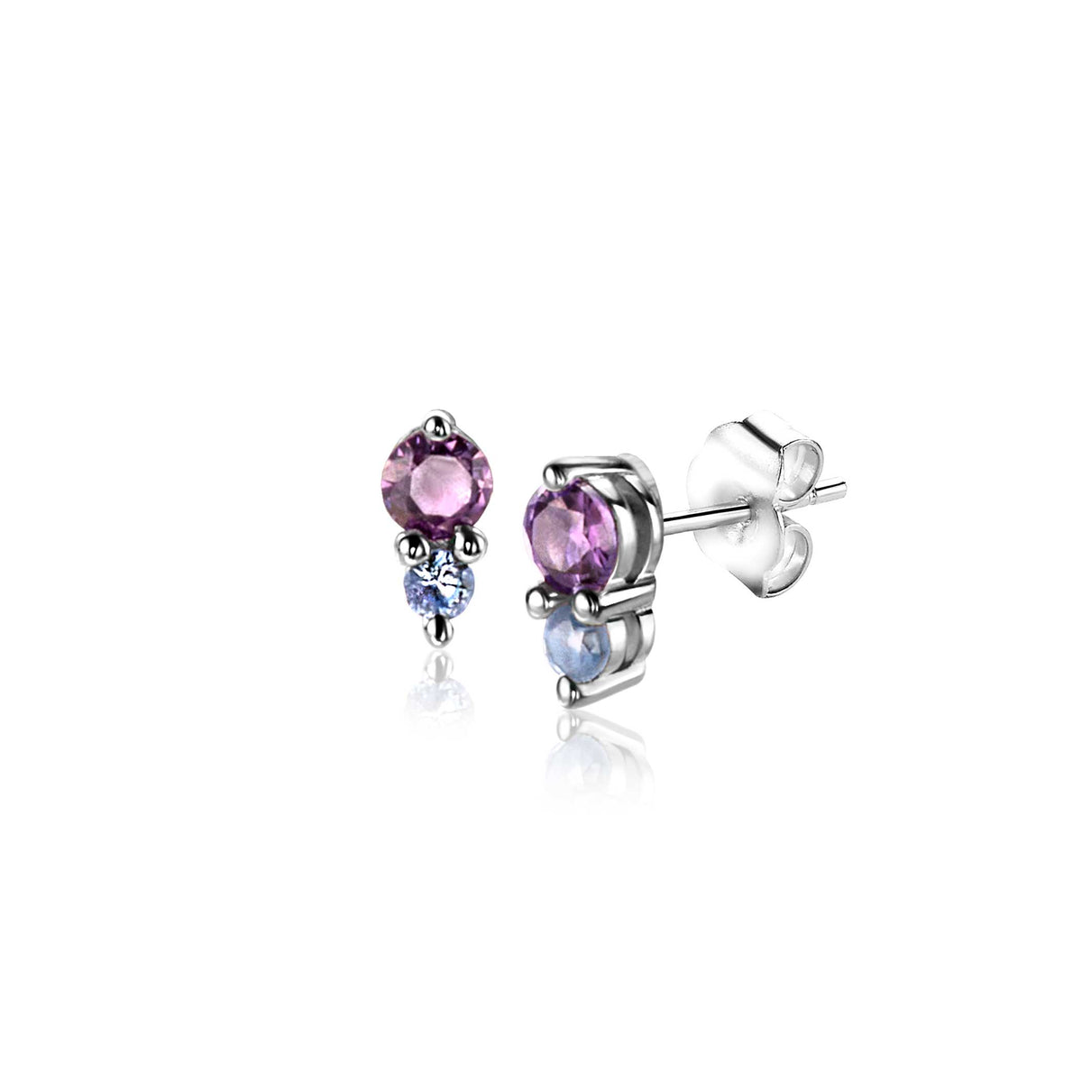 Ohrringe aus Silber mit lila und blauen Steinen in runder Form
