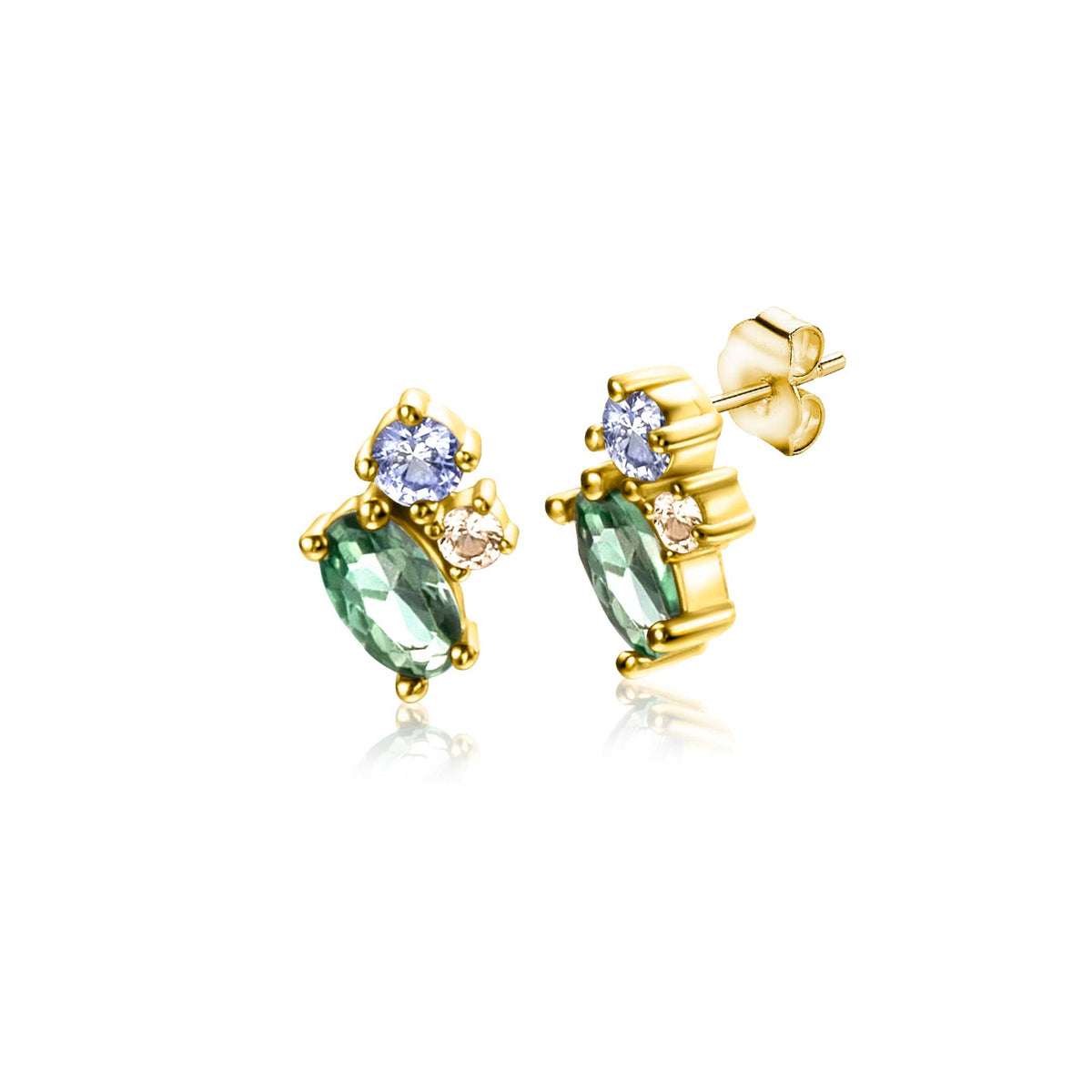 Ohrringe aus Gold mit grünem und blauem Edelstein, asymmetrisches Design