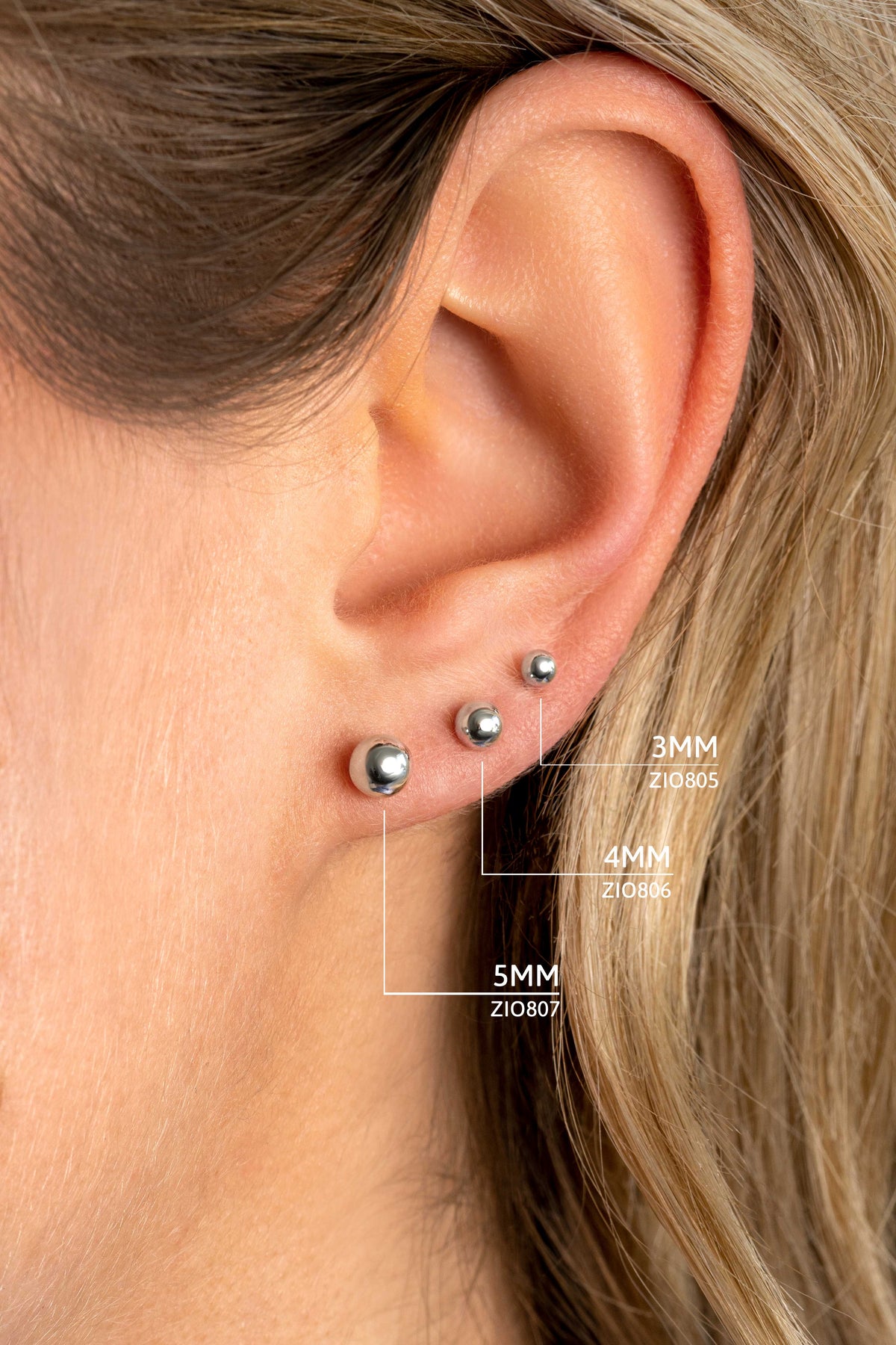 Silberne Ohrringe mit verschiedenen Größen von Kugeln, 3 mm, 4 mm und 5 mm Durchmesser