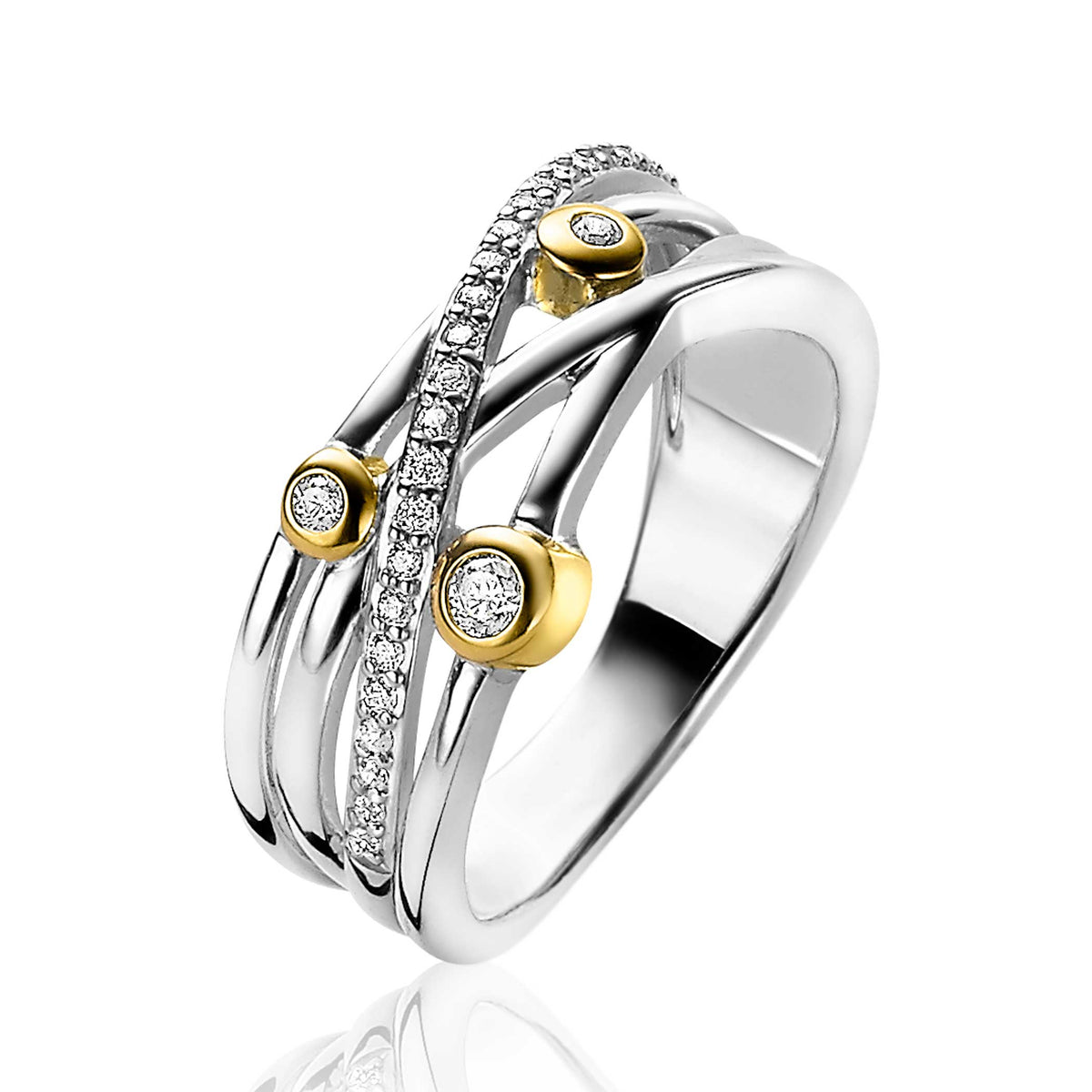 Ring mit goldplattierten Akzenten, drei Zirkonia-Steinen und einer glänzenden, silbernen Oberfläche