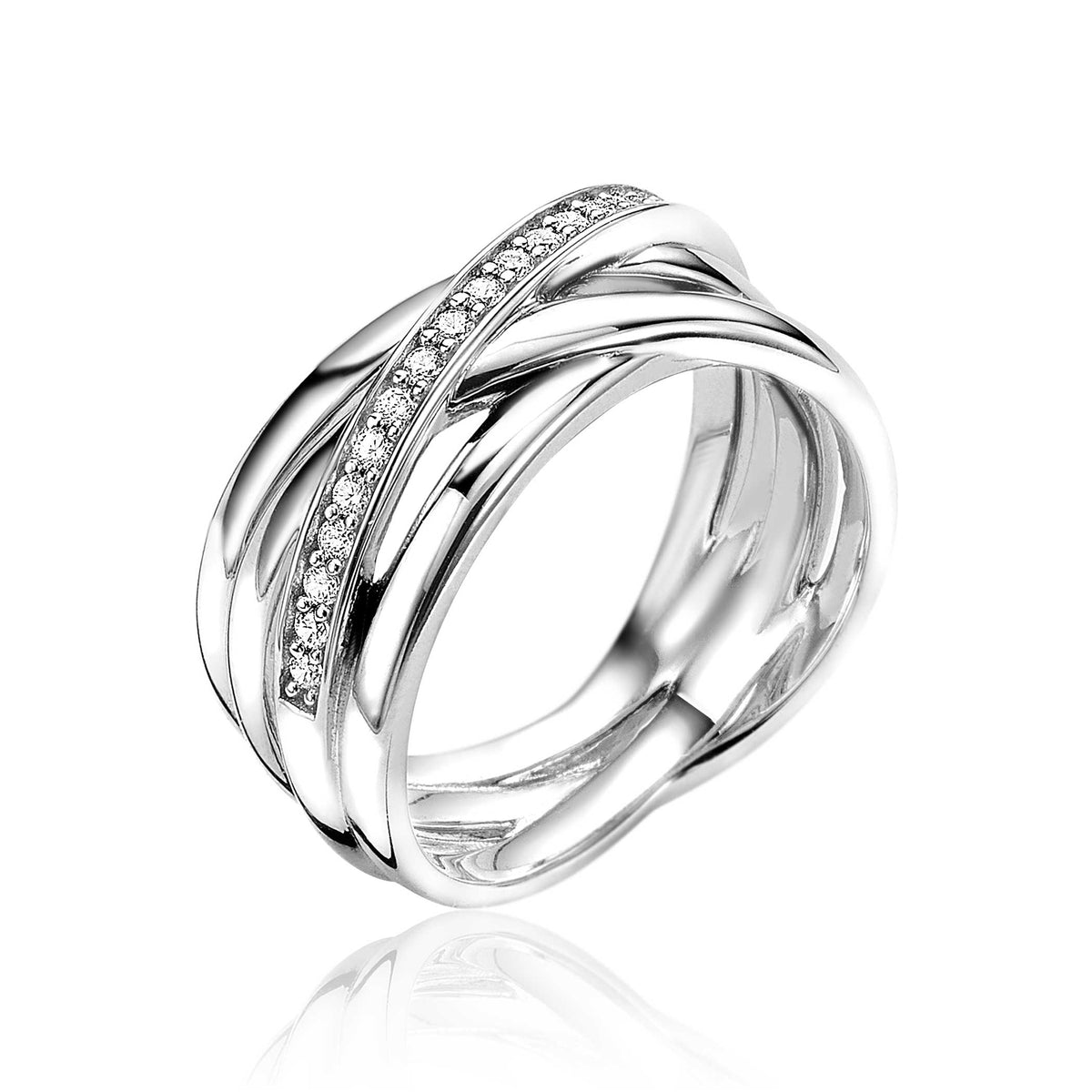 Ring aus Silber mit funkelnden Zirkonia und geschwungenem Design