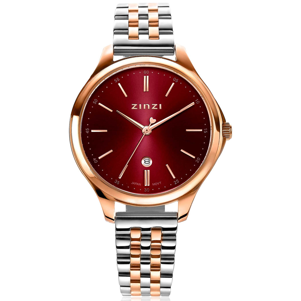 Roségoldfarbenes Armband mit rotem Zifferblatt und silbernem Gehäuse, klassisches Design