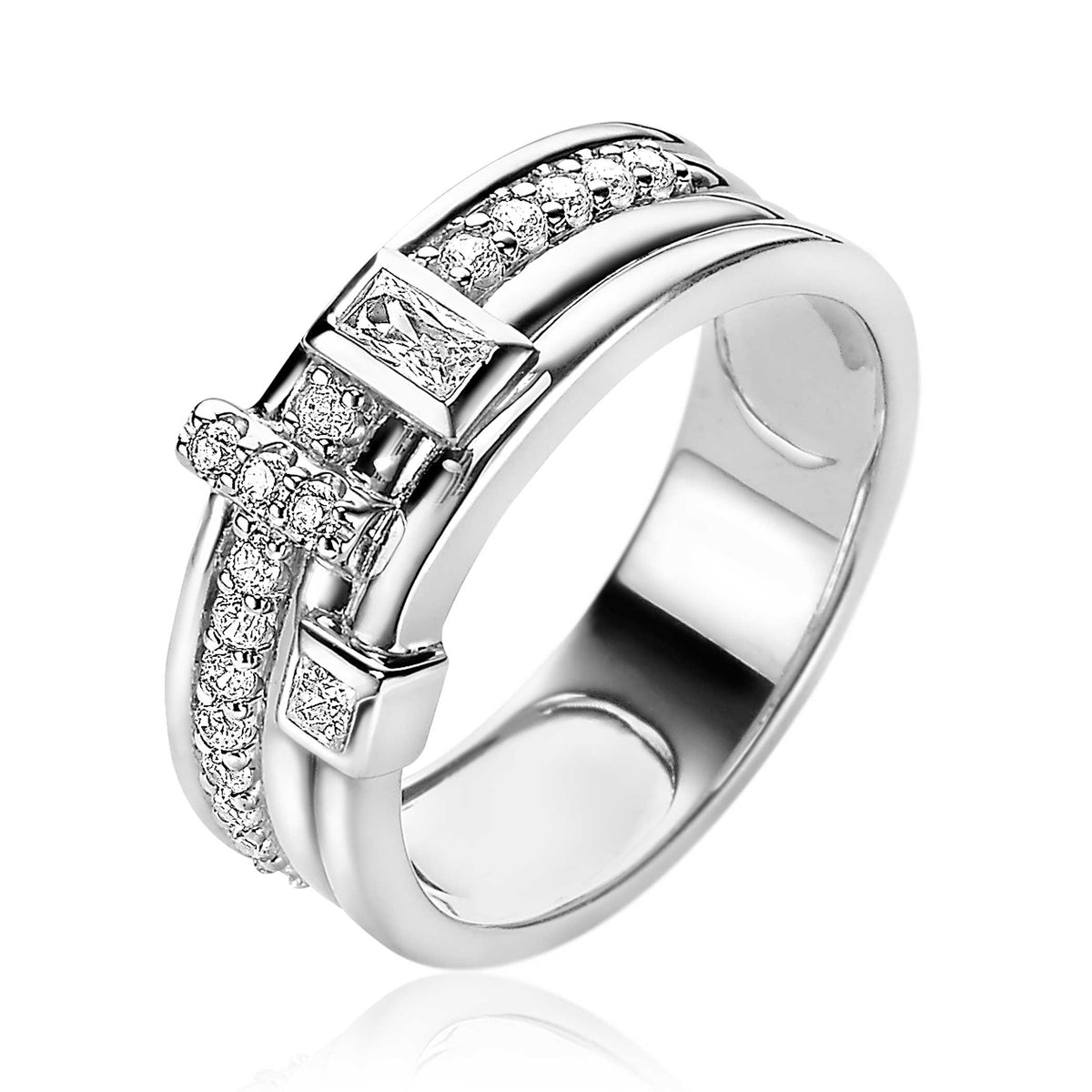 Ring aus Silber mit funkelnden Zirkonia-Steinen und modernem Design