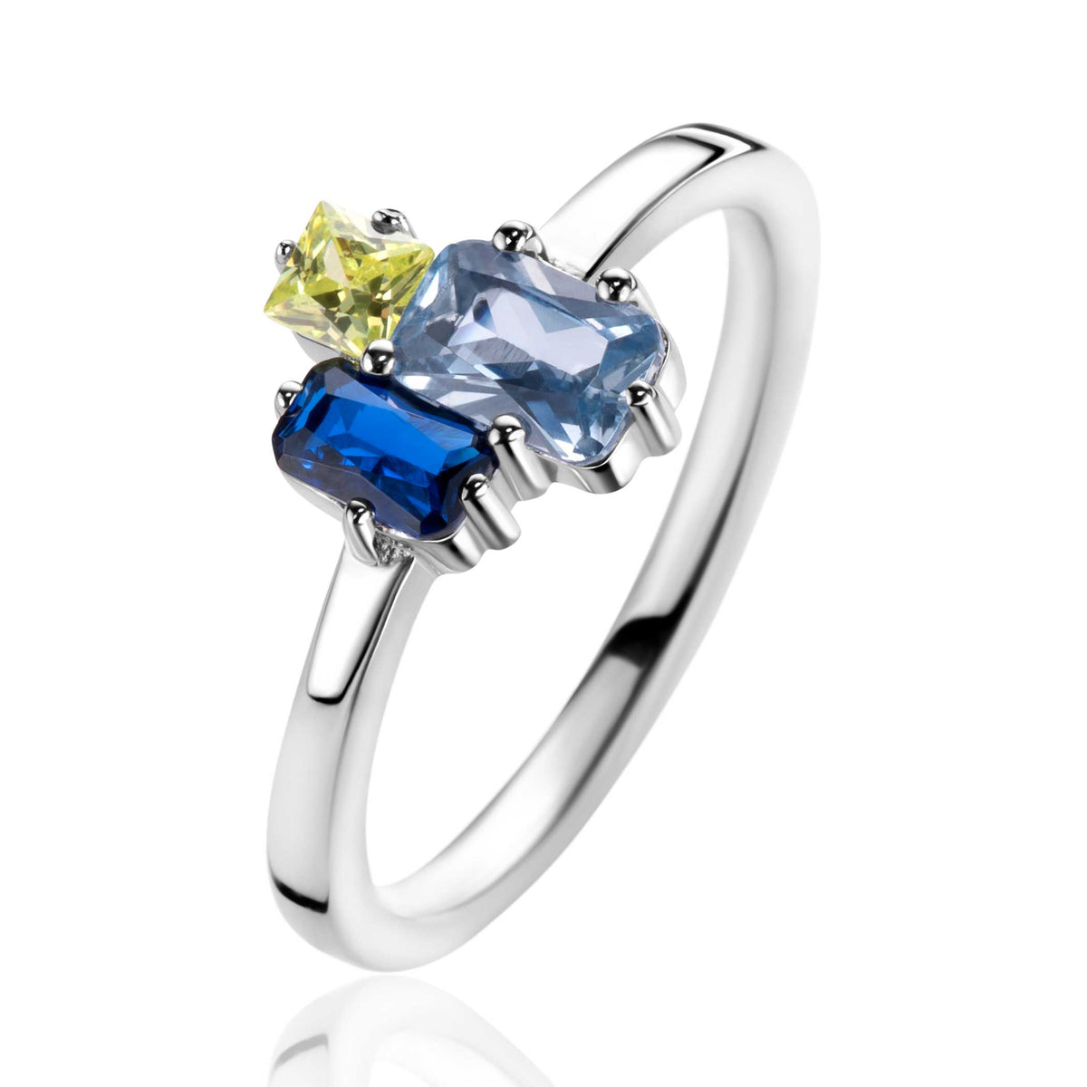 Ring aus Silber mit blauen und gelben Edelsteinen in rechteckiger Form