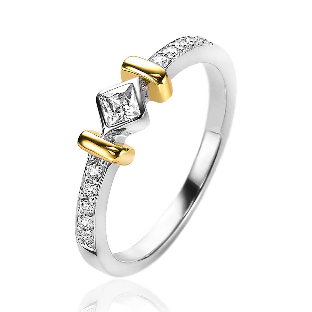 Ring mit vergoldetem Element und quadratischem Zirkonia, besetzt mit kleinen Steinen
