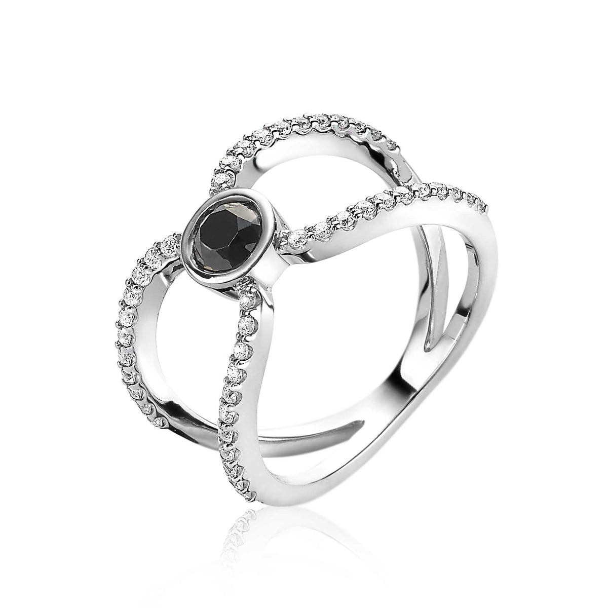 Ring aus Silber mit schwarzem Edelstein und funkelnden Zirkonia-Steinen