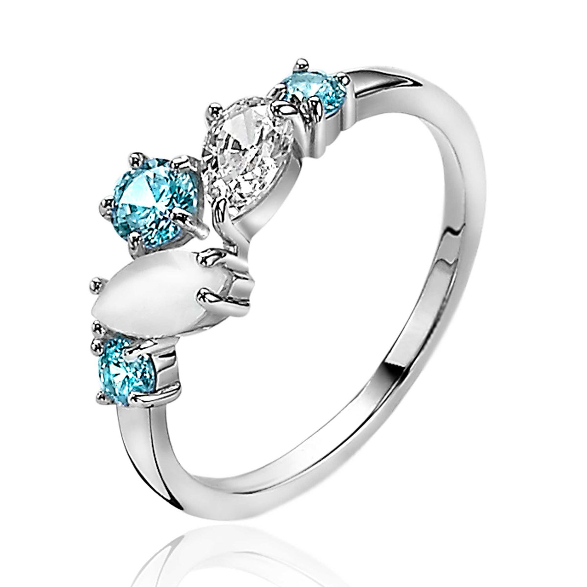 Ring aus Silber mit drei farbigen Edelsteinen, darunter ein klarer und zwei blaue Steine