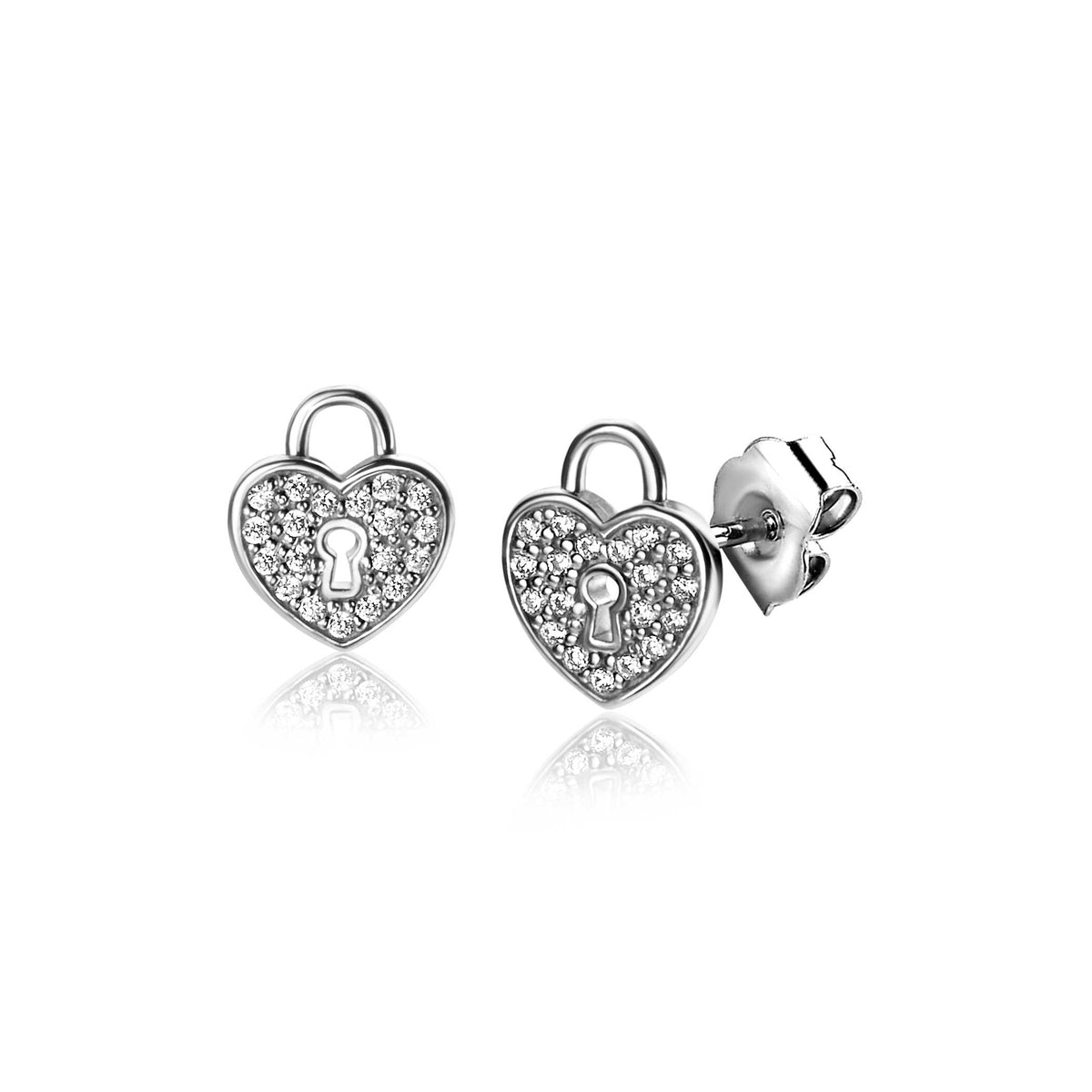 Ohrringe in Herzform aus Silber mit funkelnden Zirkonia-Steinen und Schlösser-Design