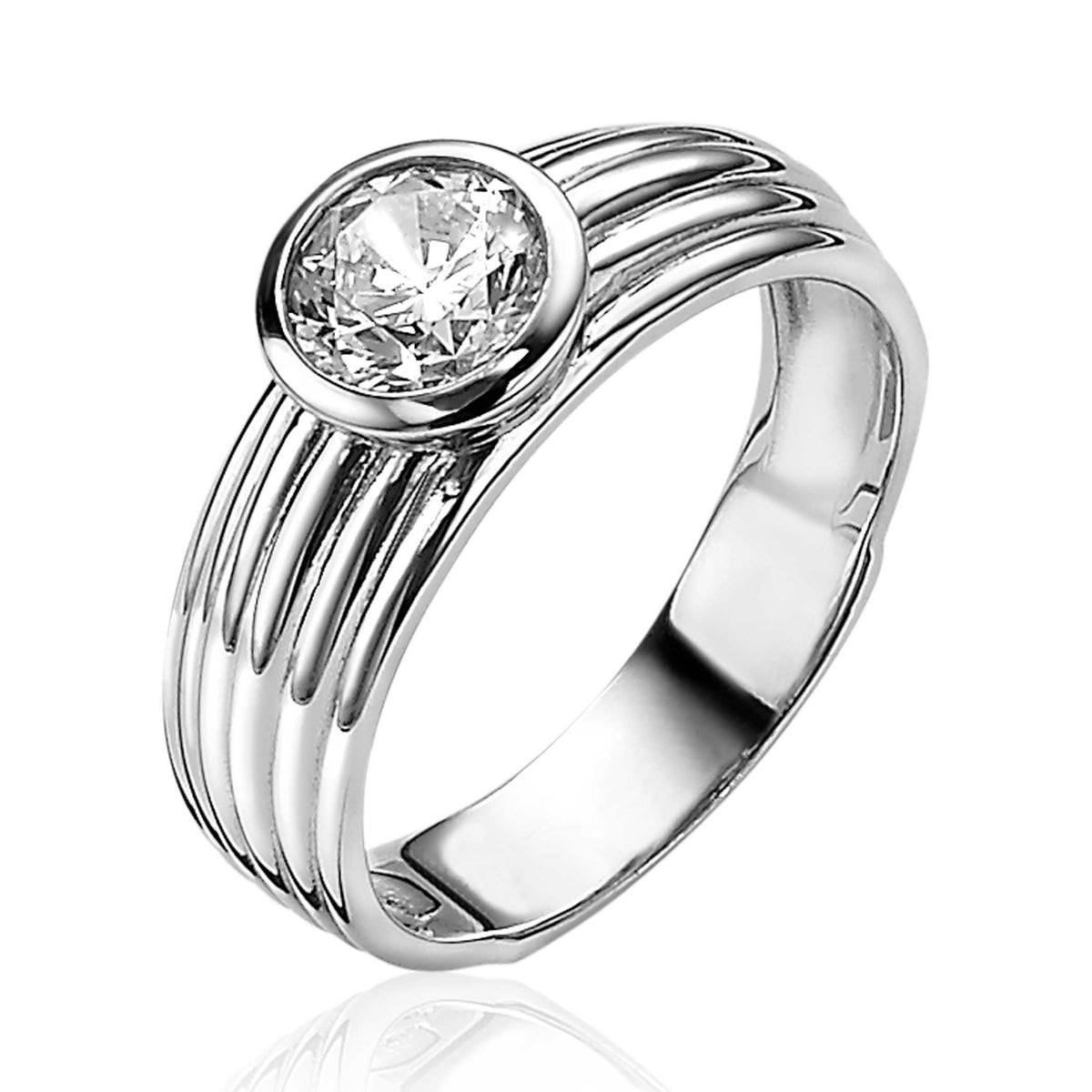 Ring aus Silber mit rundem Zirkonia und gestreiftem Design