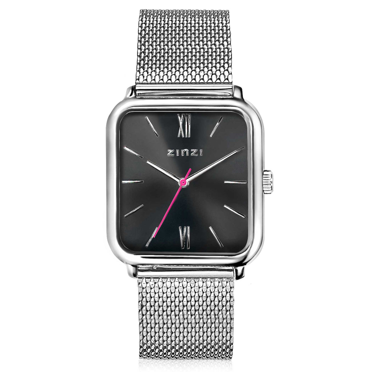 Silberfarbenes Stahl-Horloge mit quadratischem Gehäuse, schwarzem Zifferblatt und rotem Sekundenzeiger