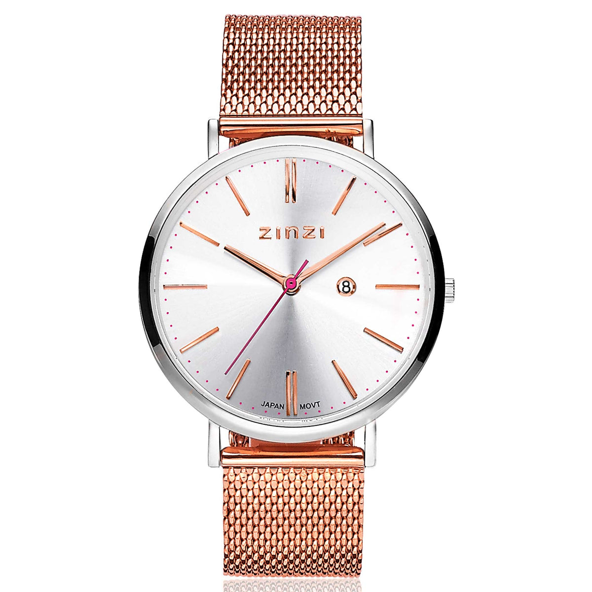 Silberfarbenes Uhrgehäuse mit weißem Zifferblatt und rosegoldenem Mesh-Armband